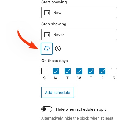 Day of Week settings in Block Visibility Pro.